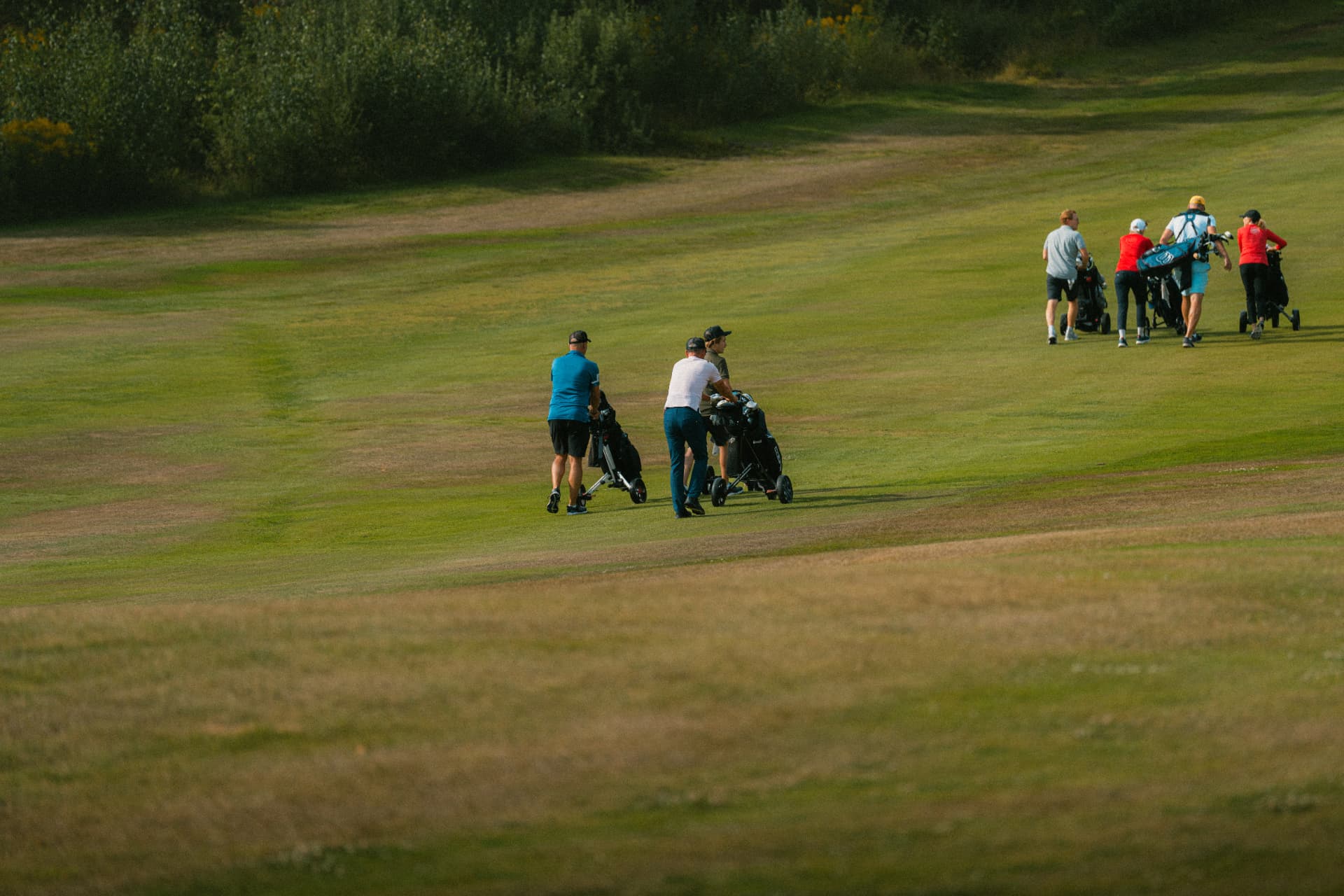 Två bollar spelar sig fram över den böljande fairwayn
