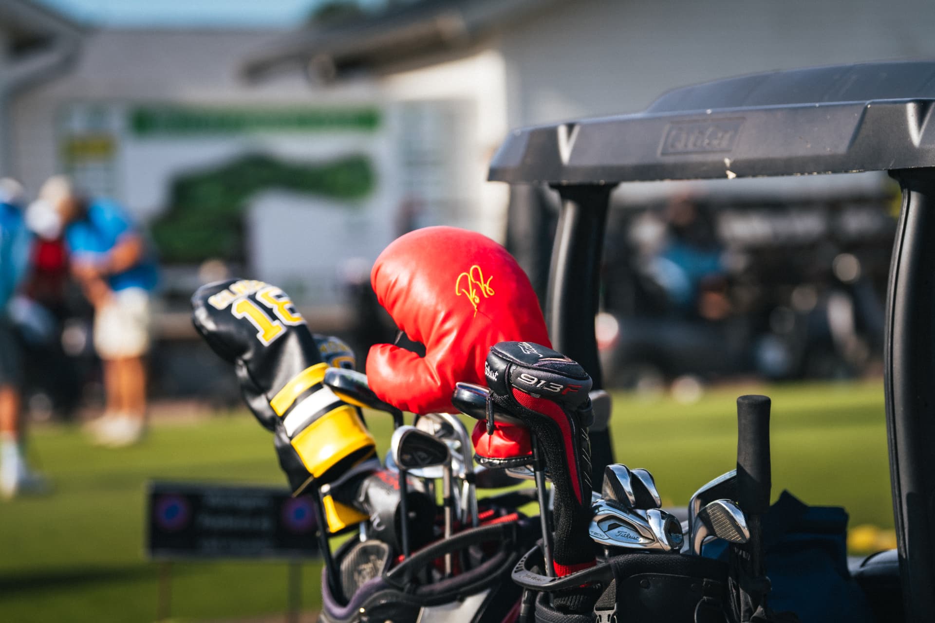 Golfbag med röd boxningshandske som headcover
